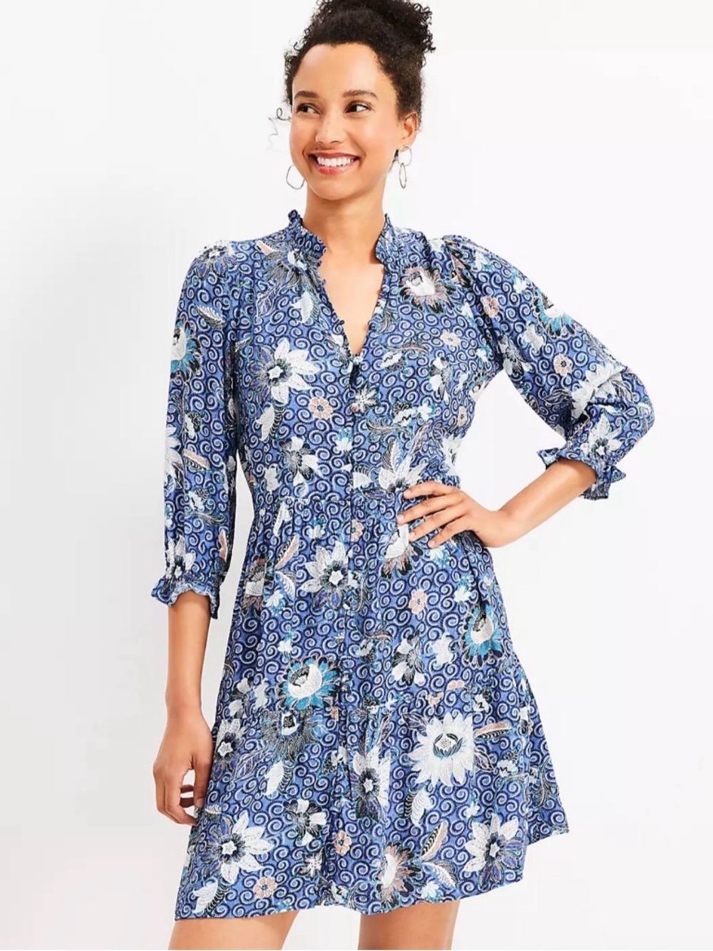 LOFT Dahlia Ruffle Button Blue Floral Tiered Mini Shirt Dress Sz M Petite NWT